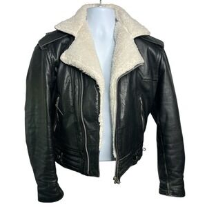 Vintage Leather Moto Jacket Shearling Lining Black Biker‎ Style